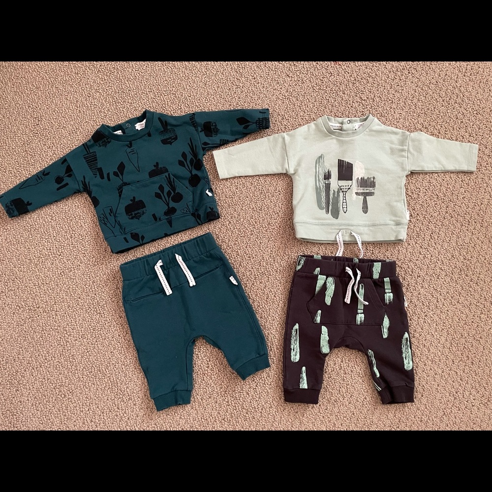 Miles Baby paint stroke and teal carrot sweatshirt and pants set lot of 2